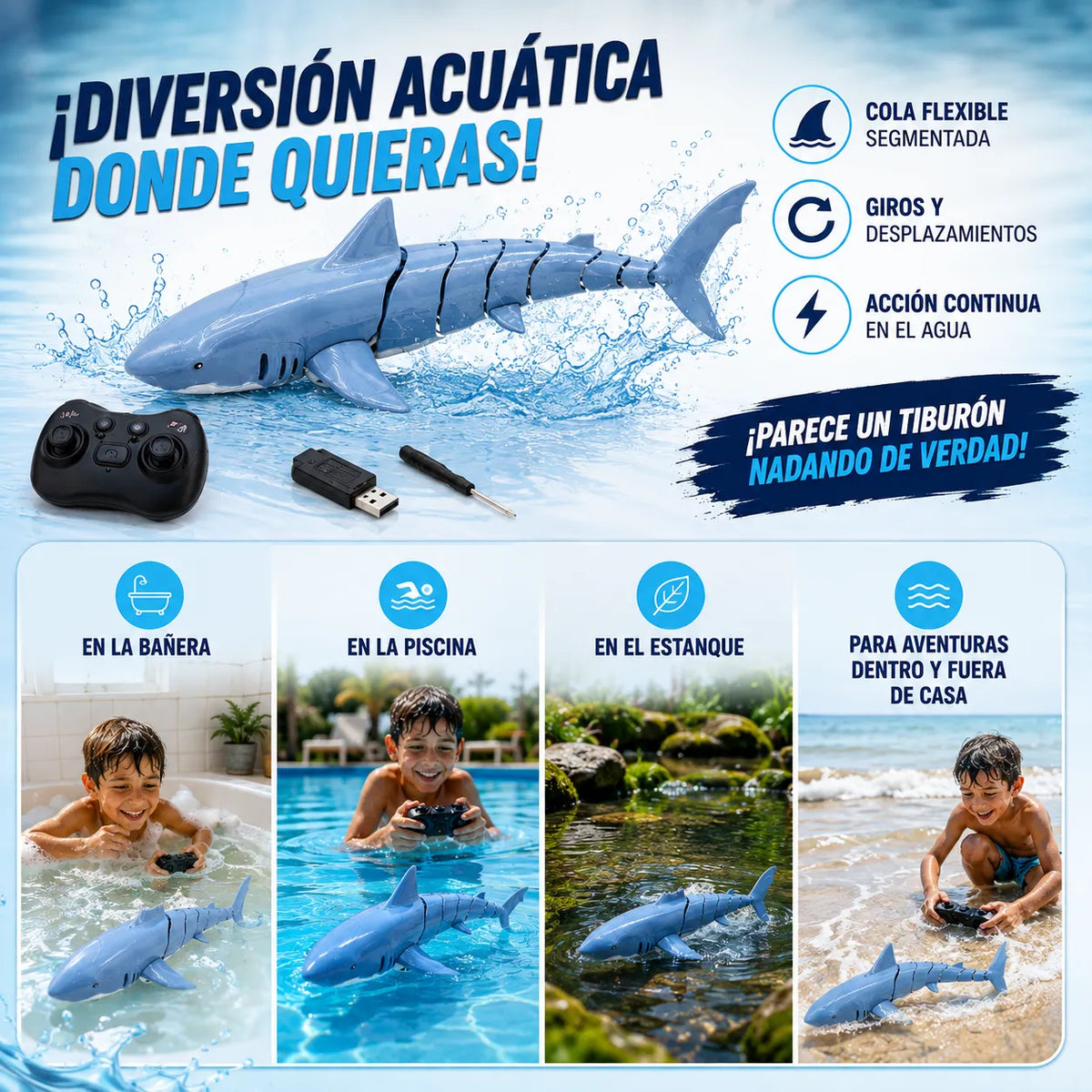 SeaBuddy™ Tiburón con Control Remoto y Nado Realista 🌊✨