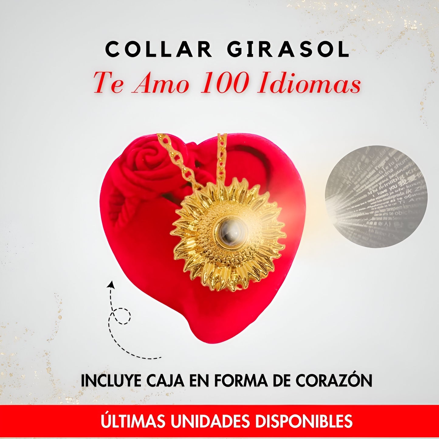 Collar Girasol "Te Amo en 100 Idiomas"  CON CAJA de Corazón